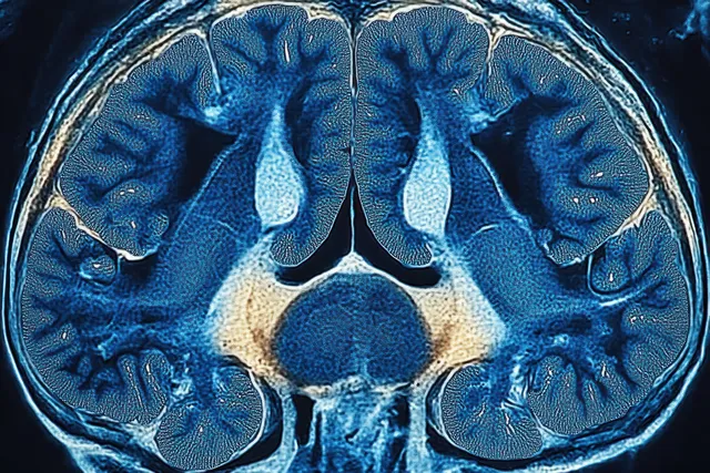 Horizontal cross-section image of the human brain with blue and beige internal structures and detailed folds.