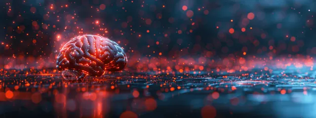 Glowing holographic brain head with red and blue AI data graphs on a dark clinical interface.