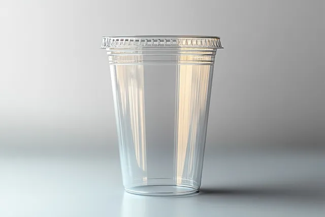 An empty transparent plastic cup with a fitted lid on a smooth neutral surface under soft studio light.