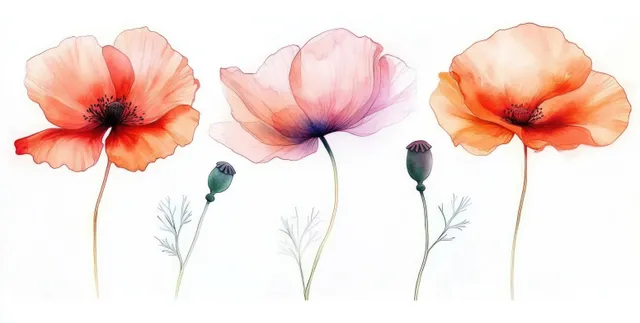 Three watercolor poppy flowers with pastel petals on a white background.