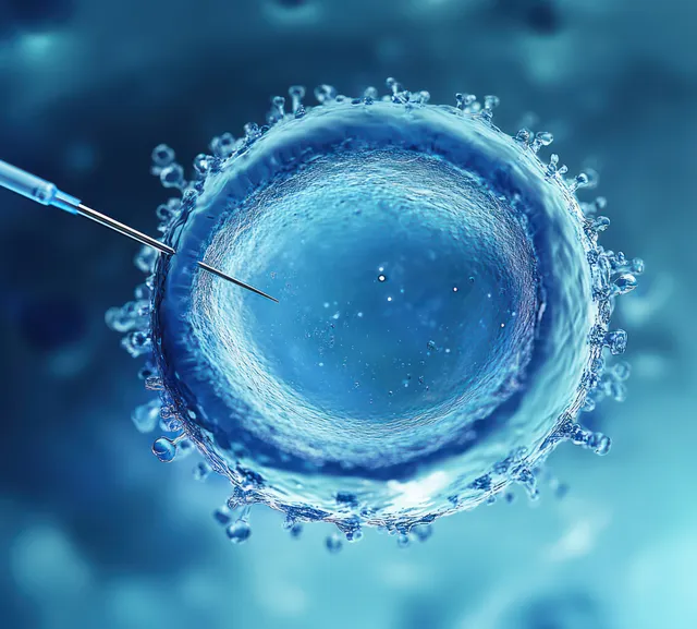 A blue single cell under a microscope is pierced by a fine injection needle, with surrounding particles in view.