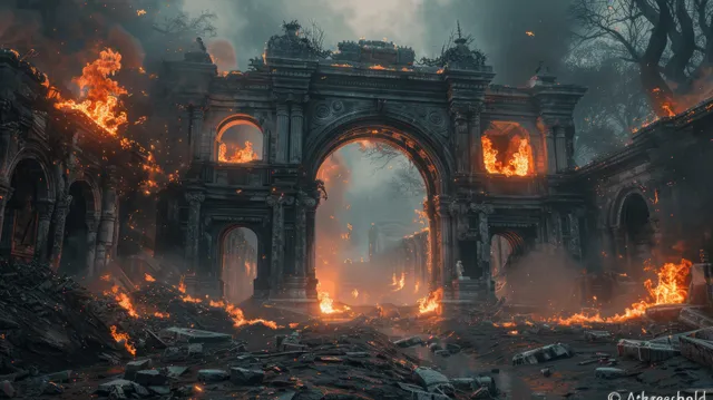 A burning stone archway glows with flames in ancient ruins and smoky rubble at night.