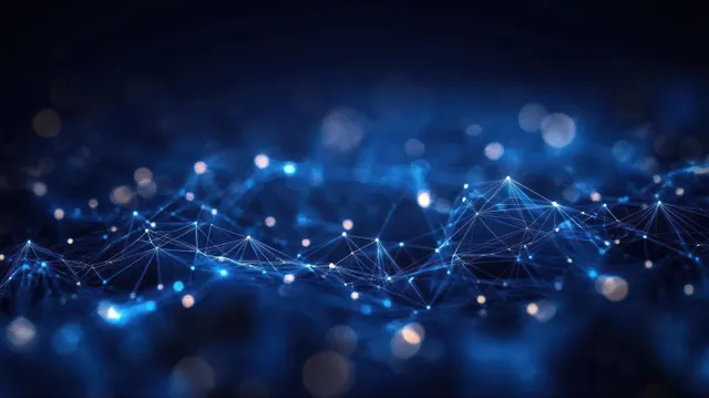 Glowing blue nodes connected by thin lines form an abstract network web on a dark background.