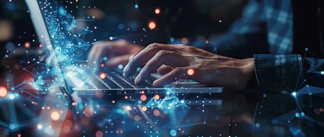 Engineer hands typing on laptop while futuristic network data streams across smart city