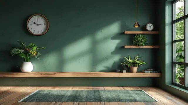 Minimalist living room with dark green wall, wall clock, wooden shelves, potted plants, carpet, and a bright window.