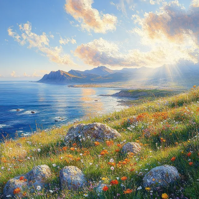 Wildflowers bloom on grassy rocky cliffs beside a calm blue sea with distant mountain silhouettes under sunlit clouds.