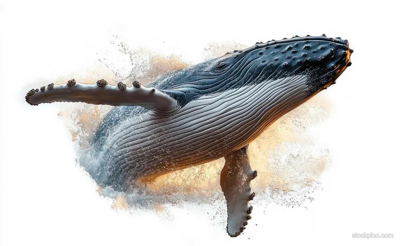 A humpback whale breaches through the ocean surface with a burst of white foam and blue highlights.
