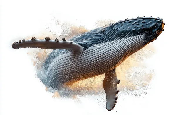 A humpback whale breaches through the ocean surface with a burst of white foam and blue highlights.