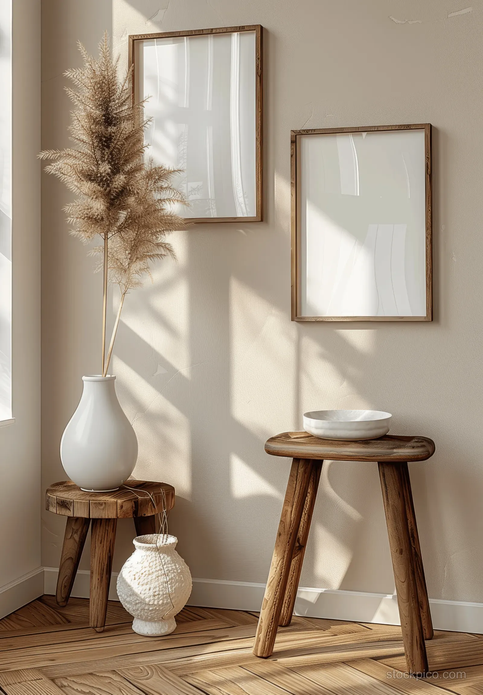 Two empty wooden frames hang on a beige wall beside a small stool with a white vase in bright natural light.