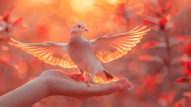 White dove landing on human hands at golden sunrise with glowing red bokeh backdrop