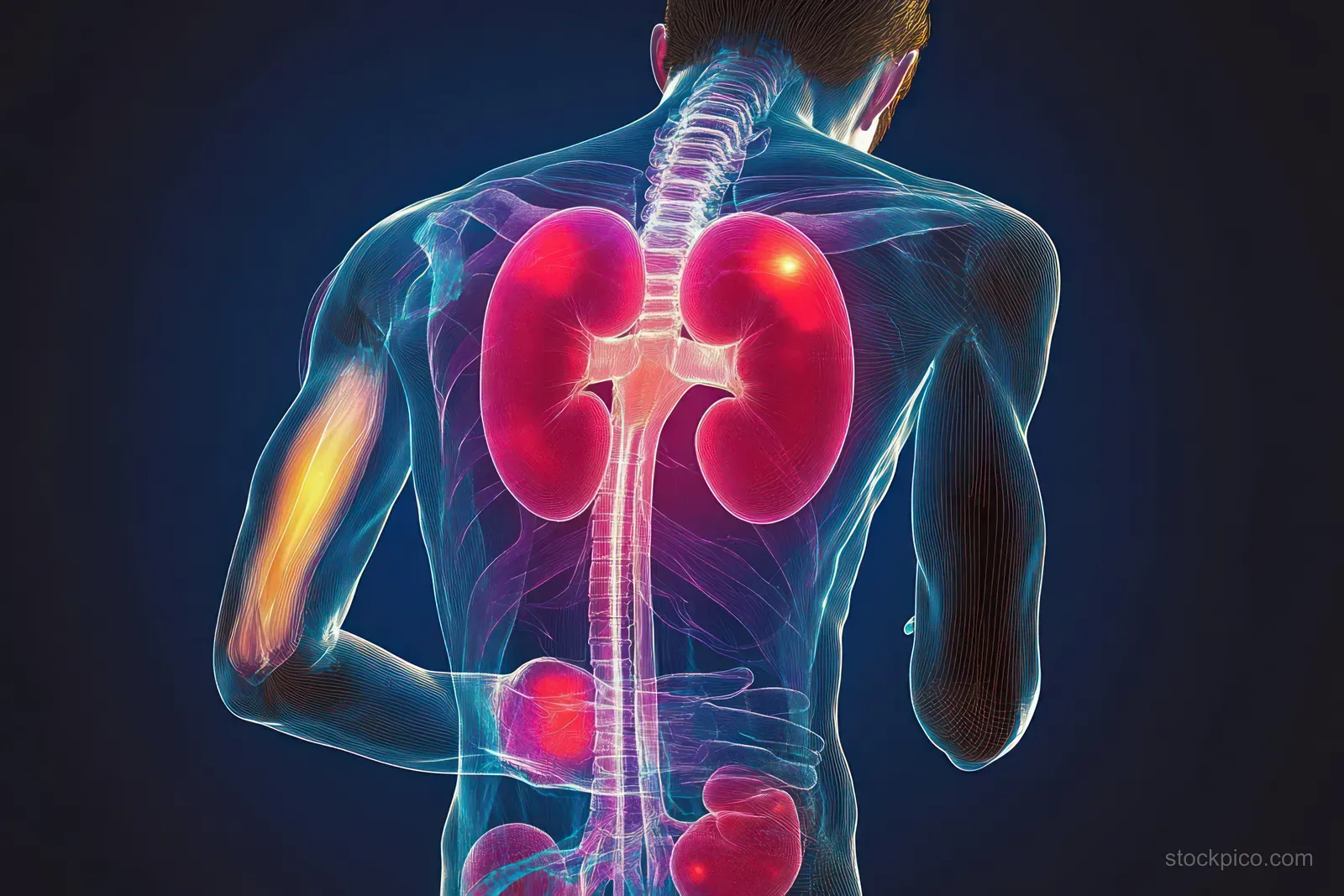 Transparent rear view of a human body with glowing kidneys, urinary tract, and visible spine and muscles against a dark background.