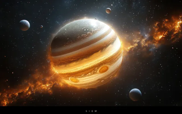 Jupiter dominates the frame with multiple moons and glowing gas clouds in a dramatic lit space scene.