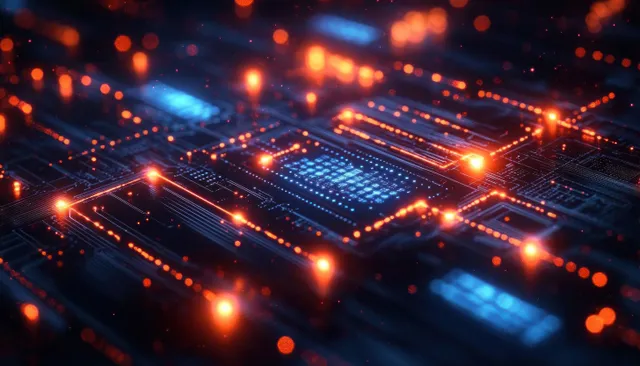 Glowing server circuitry visualizes automated document approvals with real-time data signals