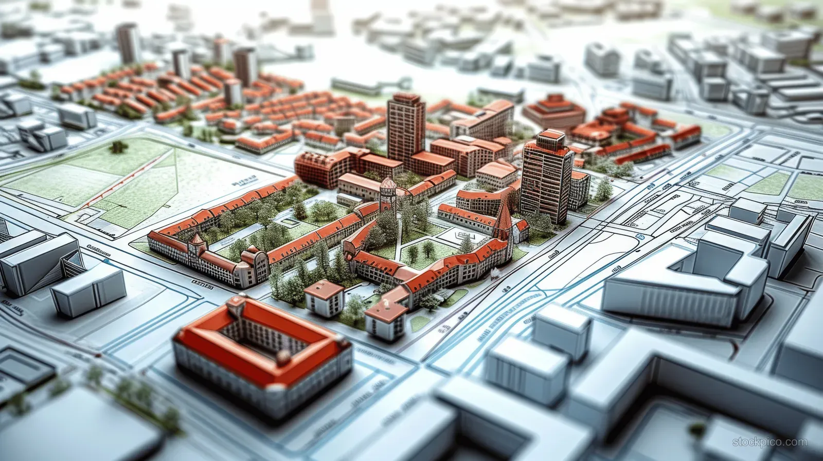 A city planning scale model shows zoned building blocks, roads, and green parks on a technical blueprint layout.