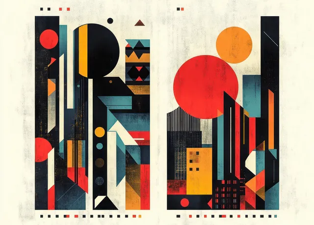 A geometric abstract poster shows bold rectangles and circles in red, orange, and black with thin line details on a pale background.