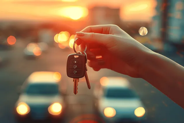 Hand holding car keys with blurred city traffic at golden-hour street corner