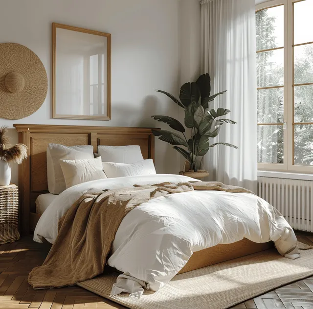 Coastal white bedroom showing a wooden bed with beige bedding, potted plant, and sunlit window curtains.
