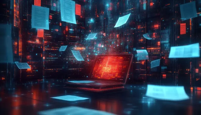 Digital document scanning workflow with laptop and floating paper files