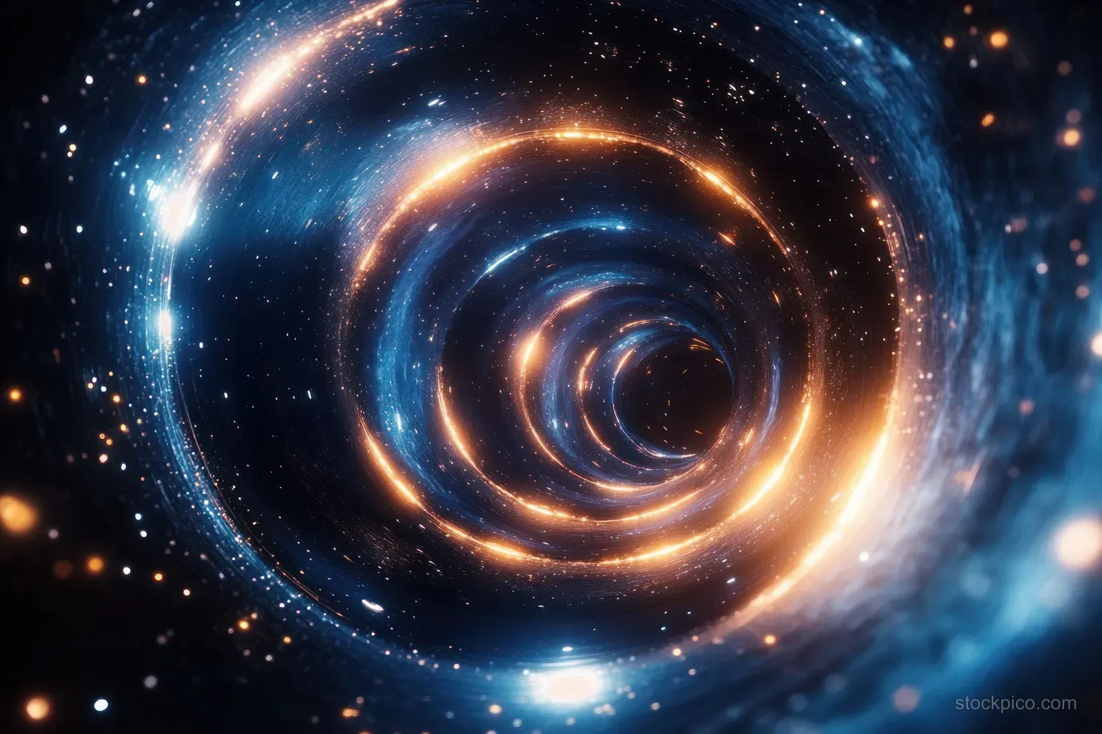 A glowing blue and orange spiral tunnel of light swirls into a dark space vortex filled with stars.