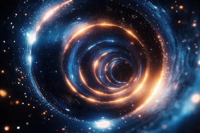 A glowing blue and orange spiral tunnel of light swirls into a dark space vortex filled with stars.