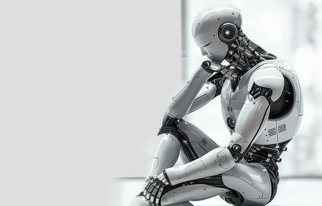 Silver humanoid robot in a thoughtful pose on a clean white background with empty copy space.