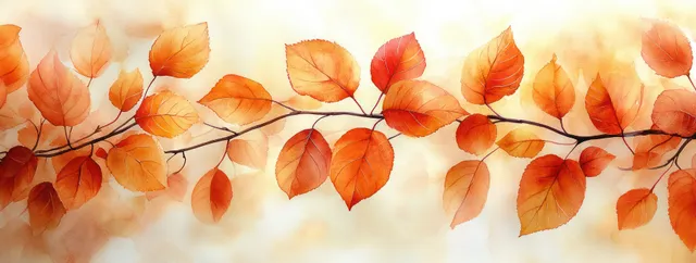 Watercolor branch with orange and gray autumn leaves across a soft warm beige background.