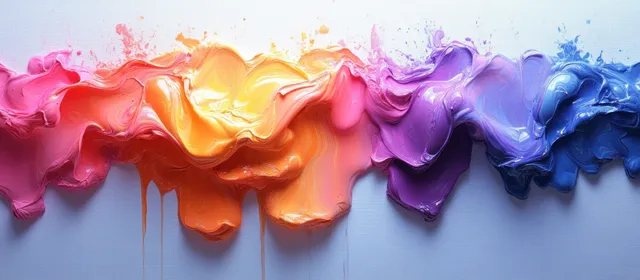 Colorful paint drips splash from top edge on white canvas with glossy ridges and splatters