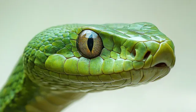 Green snake head close-up with textured scales and a focused intense eye against a light background.