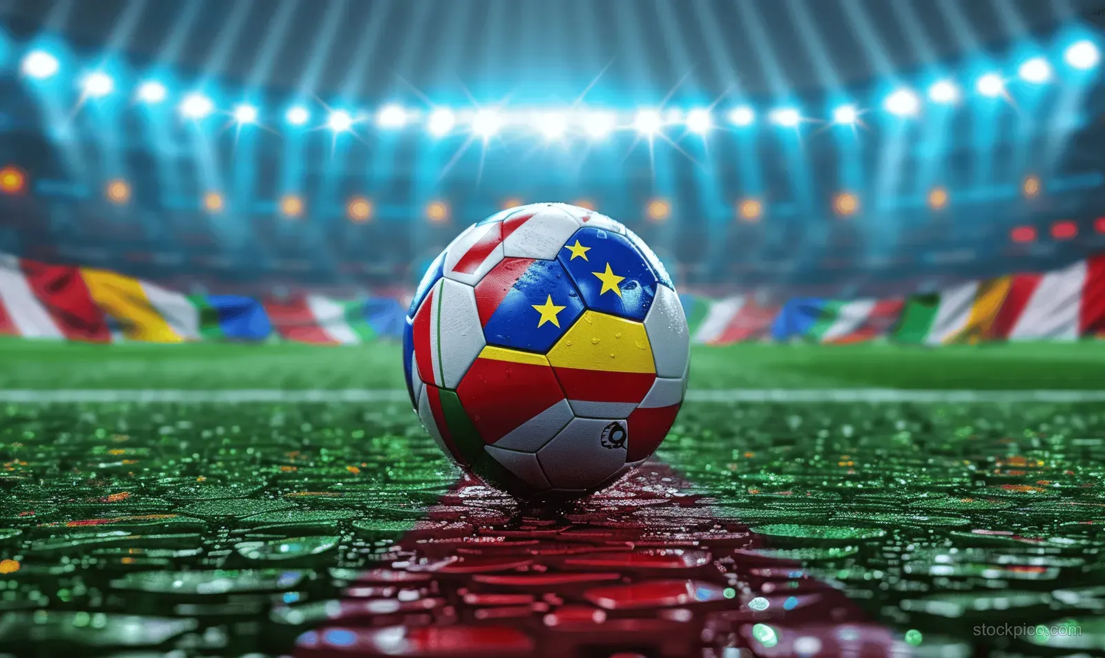 A soccer ball rests on a wet football field with bright stadium spotlights and flag banners behind.