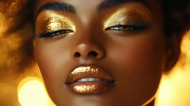 Dark-skinned model closes her eyes while wearing shimmering gold eyeshadow and glossy gold lipstick in warm lighting.