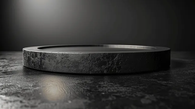 A black circular shelf podium on a dark studio floor under a soft spotlight glow.