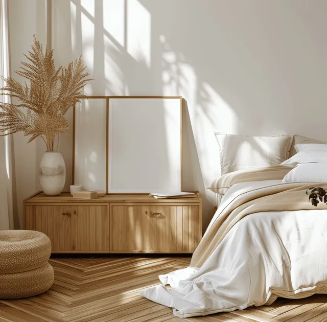 Boho bedroom with blank poster on wooden cabinet, sunlit linens and soft shadows