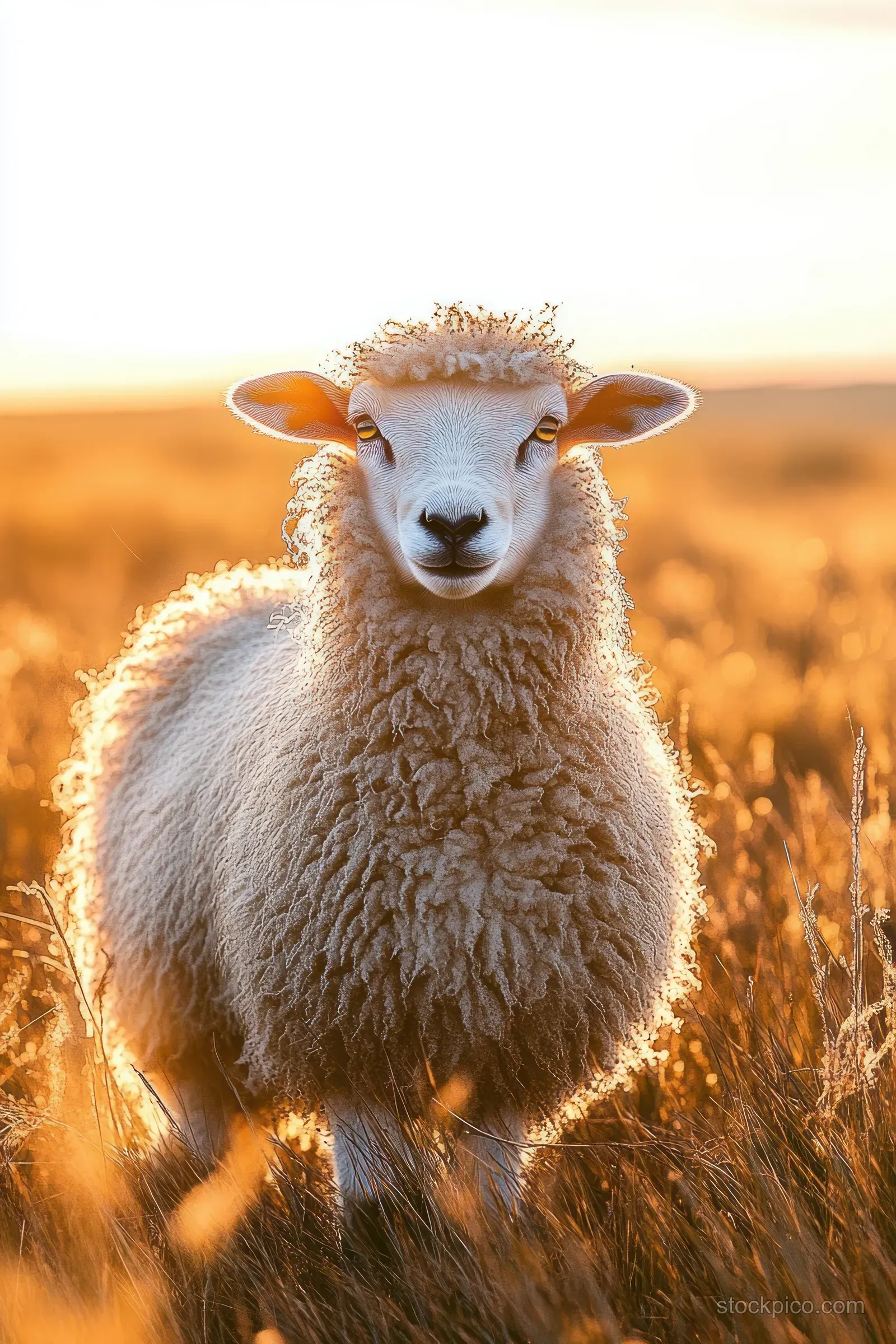 A fluffy white sheep stands in a golden sunset field with warm backlight behind it.