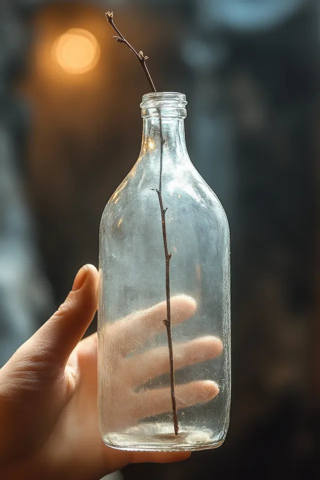 A hand holds a clear glass bottle with a thin twig inside against a warm, blurred background.