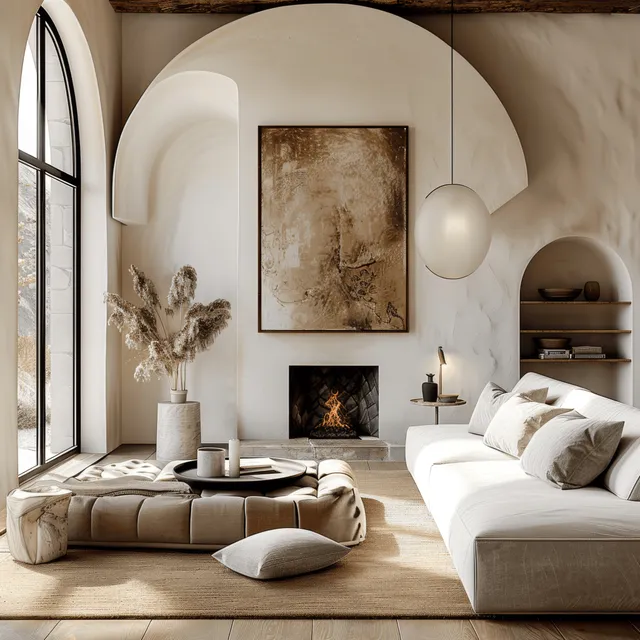 Neutral boho living room shows arched window, glowing fireplace, and white sofa with layered pillows.