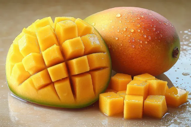 Ripe mango half cut into cubes beside a whole mango, with water droplets on a smooth surface.