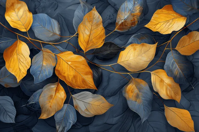 Golden and blue watercolor leaves scattered on a dark grey textured background with layered paint texture.