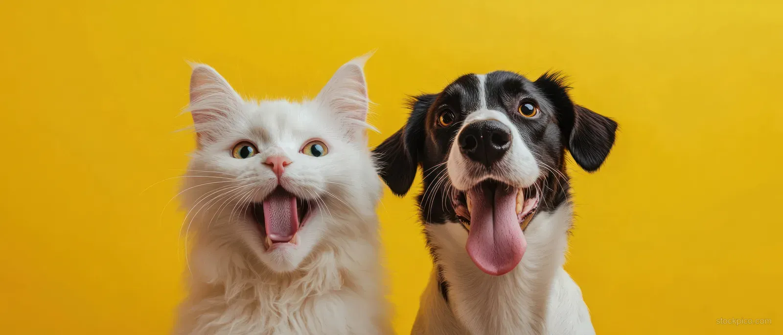White fluffy cat and black-and-white dog sit side by side with tongues out against a bright yellow background.