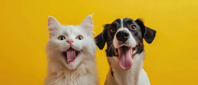 White fluffy cat and black-and-white dog sit side by side with tongues out against a bright yellow background.