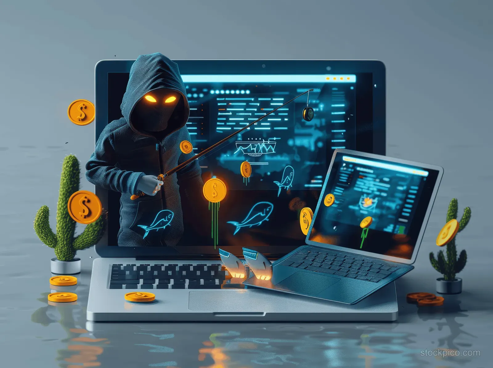 A hooded hacker stands in front of two glowing laptops with phishing warning icons and coins floating around.