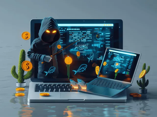 Hooded hacker in front of glowing laptops showing phishing links and warning icons