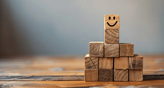 Smiling face wooden blocks stacked as stairs with a checkmark symbol suggesting progress toward goals.