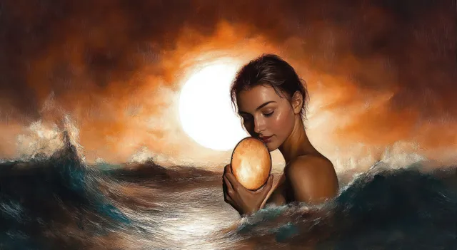 A contemplative woman holds a glowing orb as stormy ocean waves splash around her at sunset.