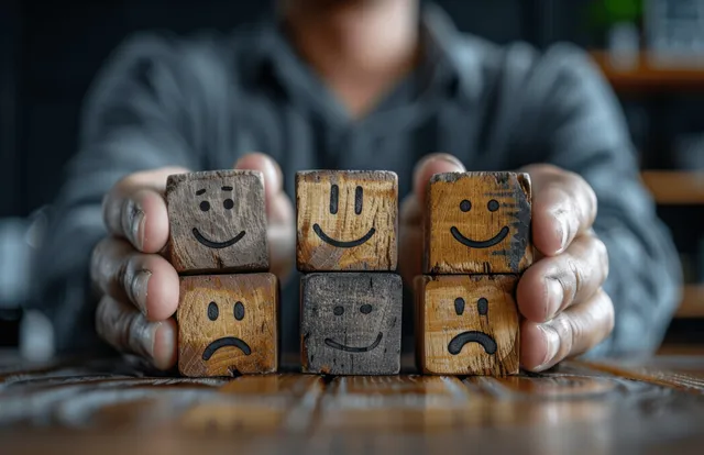 Hands Holding Wooden Emotion Cubes on Table for Feedback Evaluation