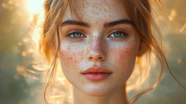 Freckled young woman faces camera in warm backlit close portrait