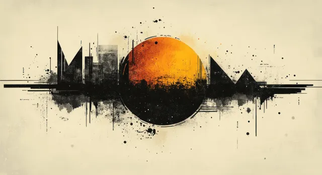 Abstract stress and calm balance over a city skyline with glowing orange circle