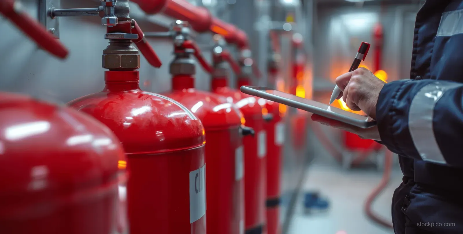 An engineer inspects red fire extinguishers in a fire control room, checking the valve and pressure gauge.