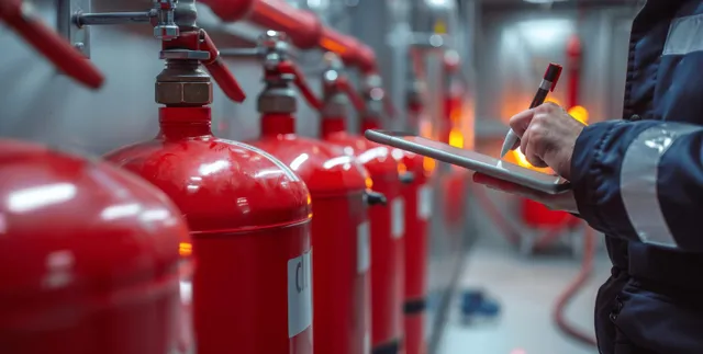 An engineer inspects red fire extinguishers in a fire control room, checking the valve and pressure gauge.