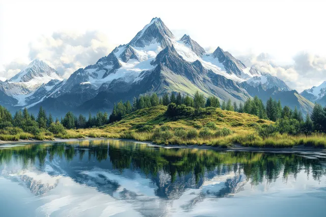 Snowy mountain peak reflected in calm lake, pine forest on green hills