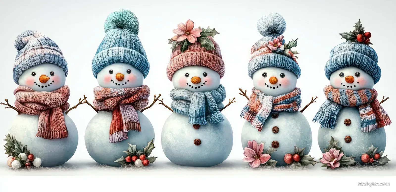Five cheerful snowmen in knitted hats and scarves stand together with holly, berries, and small flowers.